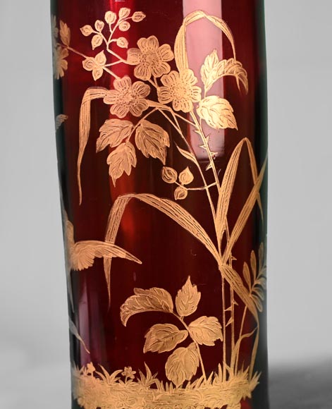 BACCARA - Pair of Japanese style vases in red crystal-5