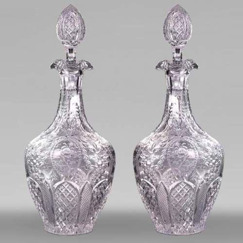 Pair of Engraved Crystal Wine Decanters, Cristallerie de Saint-Louis