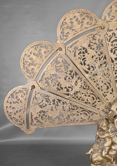 Large Napoleon III style fan-shaped fire screen with dolphin and putti decoration-4
