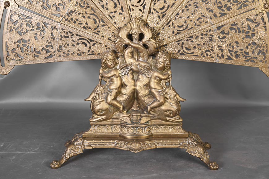 Large Napoleon III style fan-shaped fire screen with dolphin and putti decoration-5