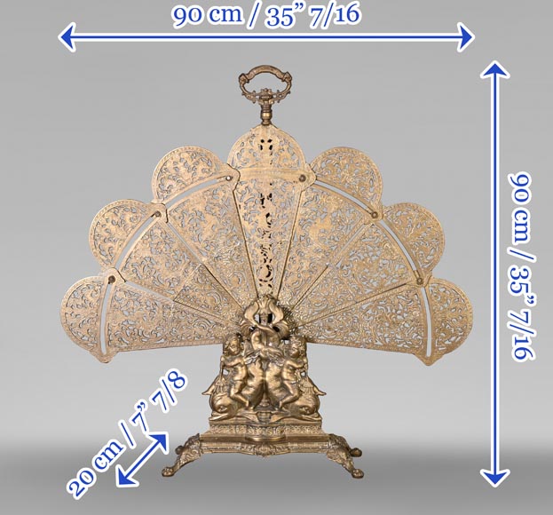 Large Napoleon III style fan-shaped fire screen with dolphin and putti decoration-6