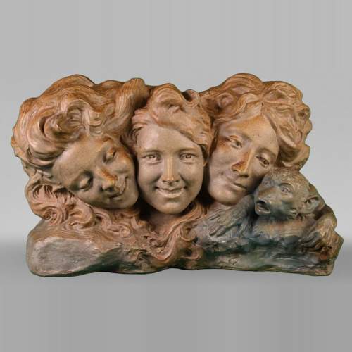 Georges ENGRAND and Émile MULLER, Planter with Three Faces of a Young Women and a Monkey, circa 1896