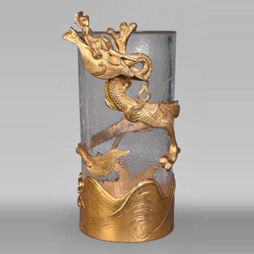 L’Escalier de Cristal (attributed to), a cylindrical Japanese-style vase in crystal and gilt bronze