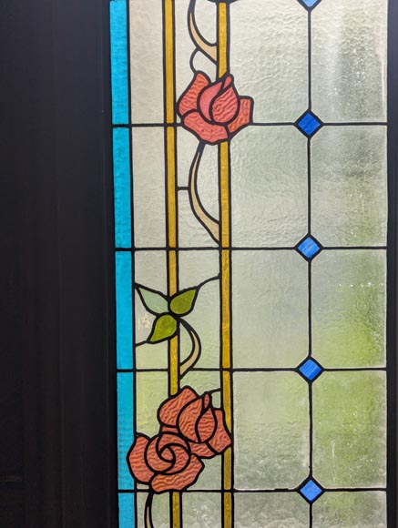 Large Napoleon III stained glass window with rose decorations-6
