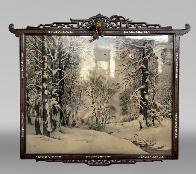 aponesque frame in carved wood and mother-of-pearl marquetry, decorated with a bronze dragon, with its silk painting depicting a winter landscape-0