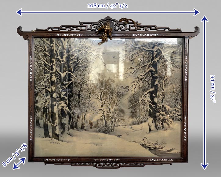 aponesque frame in carved wood and mother-of-pearl marquetry, decorated with a bronze dragon, with its silk painting depicting a winter landscape-8