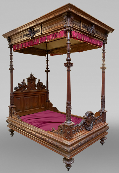 Jean-Paul MAZAROS (1823-1900), Neo-Renaissance four-poster bed in carved walnut-0