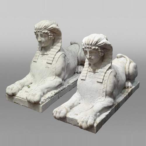 Pair of Sculpted Carrara Marble Sphinxes, 19th Century