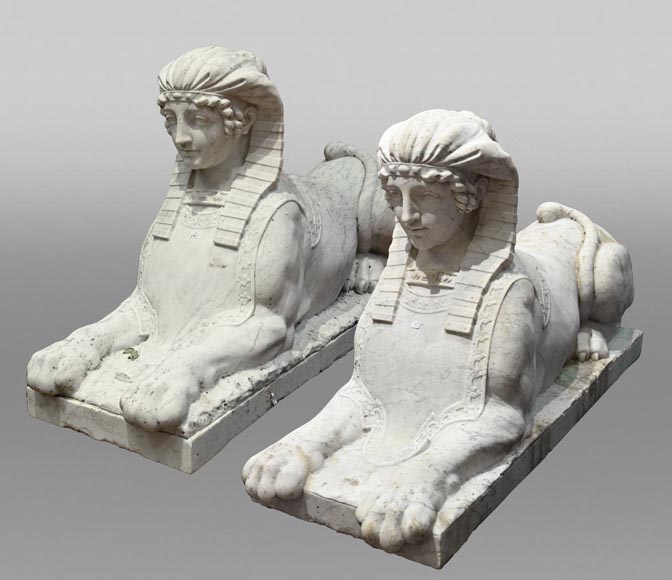 Pair of Sculpted Carrara Marble Sphinxes, 19th Century-0