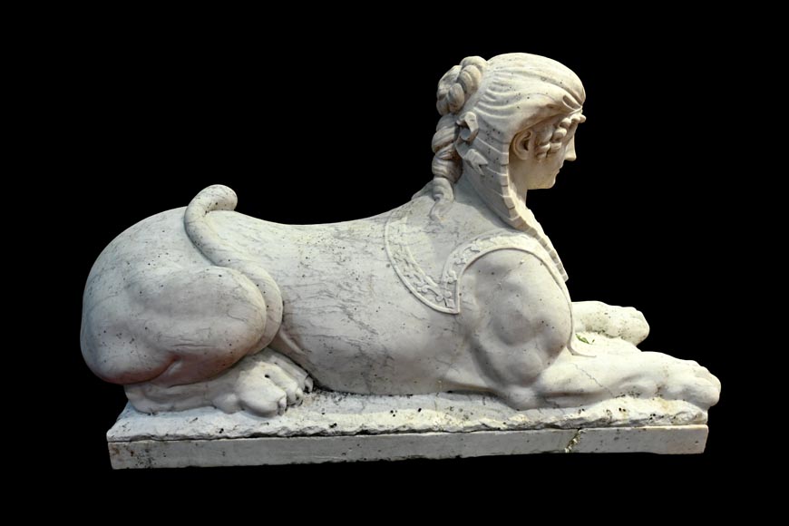 Pair of Sculpted Carrara Marble Sphinxes, 19th Century-3