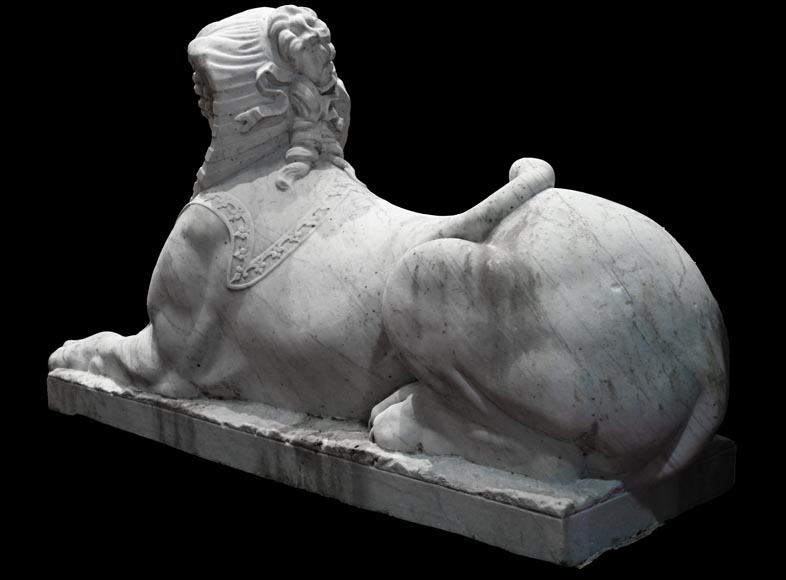 Pair of Sculpted Carrara Marble Sphinxes, 19th Century-4