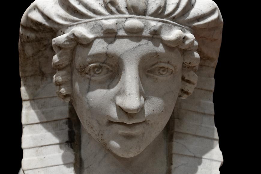 Pair of Sculpted Carrara Marble Sphinxes, 19th Century-5