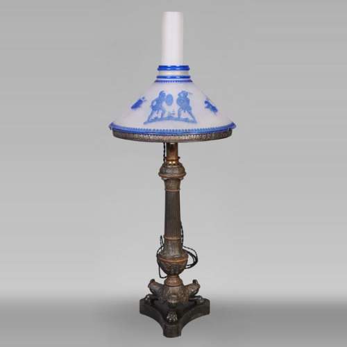 Napoleon III period lamp with engraved glass shade in Greek Revival style