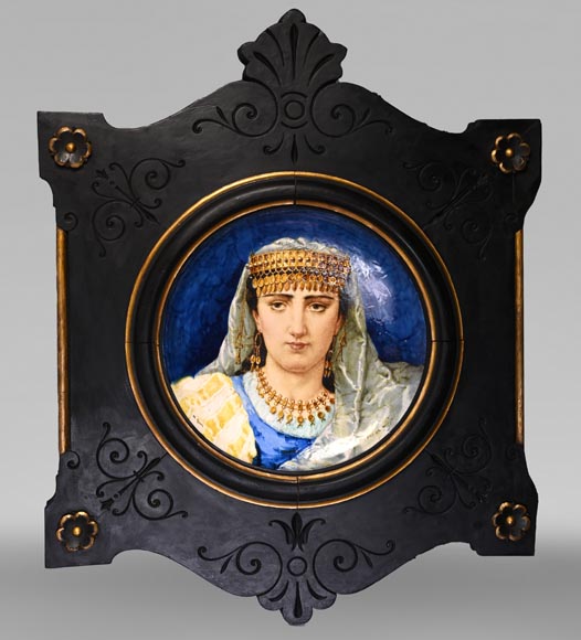 B&Cie (porcelain), Charles POYARD (stamper), Félix FLICK (painter), Ornamental Dish With Portrait of a Berber Woman in its Wooden Frame, 1878-0