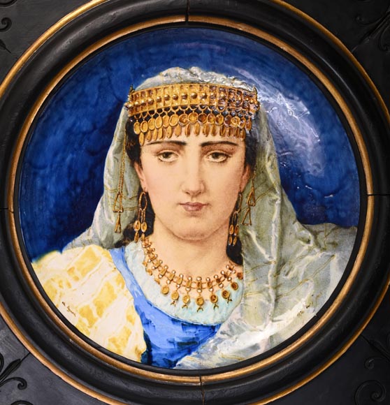 B&Cie (porcelain), Charles POYARD (stamper), Félix FLICK (painter), Ornamental Dish With Portrait of a Berber Woman in its Wooden Frame, 1878-1