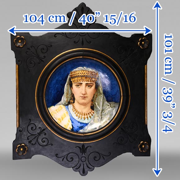 B&Cie (porcelain), Charles POYARD (stamper), Félix FLICK (painter), Ornamental Dish With Portrait of a Berber Woman in its Wooden Frame, 1878-11