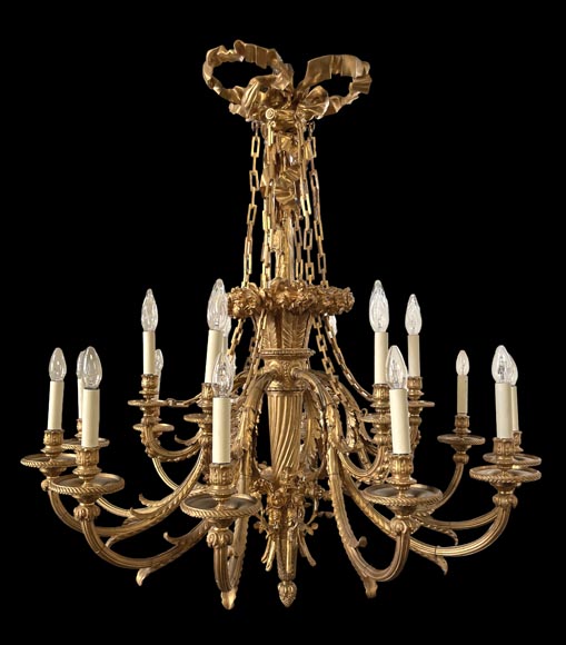 Louis XVI-style gilt-bronze chandelier with eighteen lights, featuring a garland of roses and a ribbon bow-0