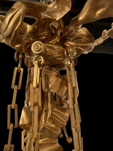 Louis XVI-style gilt-bronze chandelier with eighteen lights, featuring a garland of roses and a ribbon bow-2