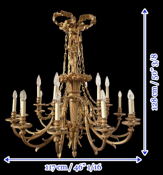 Louis XVI-style gilt-bronze chandelier with eighteen lights, featuring a garland of roses and a ribbon bow-11