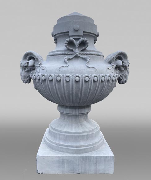 Large carved stone vase, Louis XVI style, adorned with ram heads-0