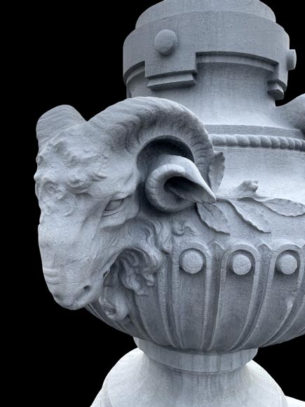 Large carved stone vase, Louis XVI style, adorned with ram heads-3