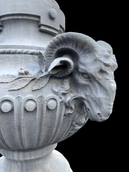 Large carved stone vase, Louis XVI style, adorned with ram heads-4