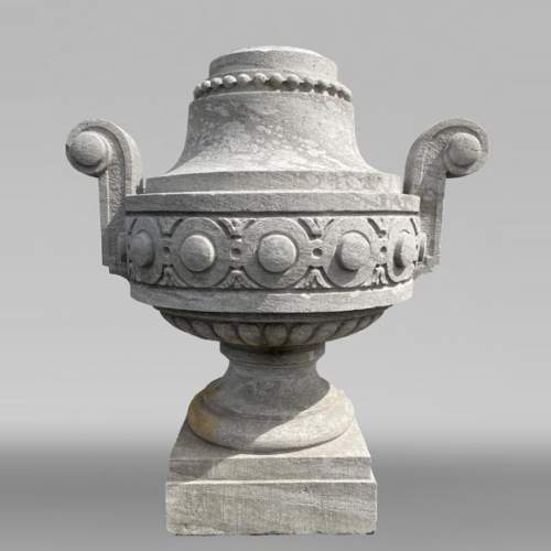 Large carved Soignies stone garden vase, Louis XVI style