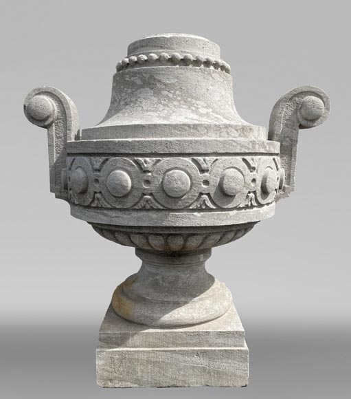 Large carved Soignies stone garden vase, Louis XVI style Large carved Soignies stone garden vase, Louis XVI style-0