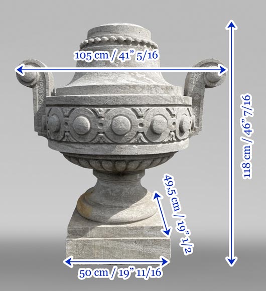 Large carved Soignies stone garden vase, Louis XVI style Large carved Soignies stone garden vase, Louis XVI style-9