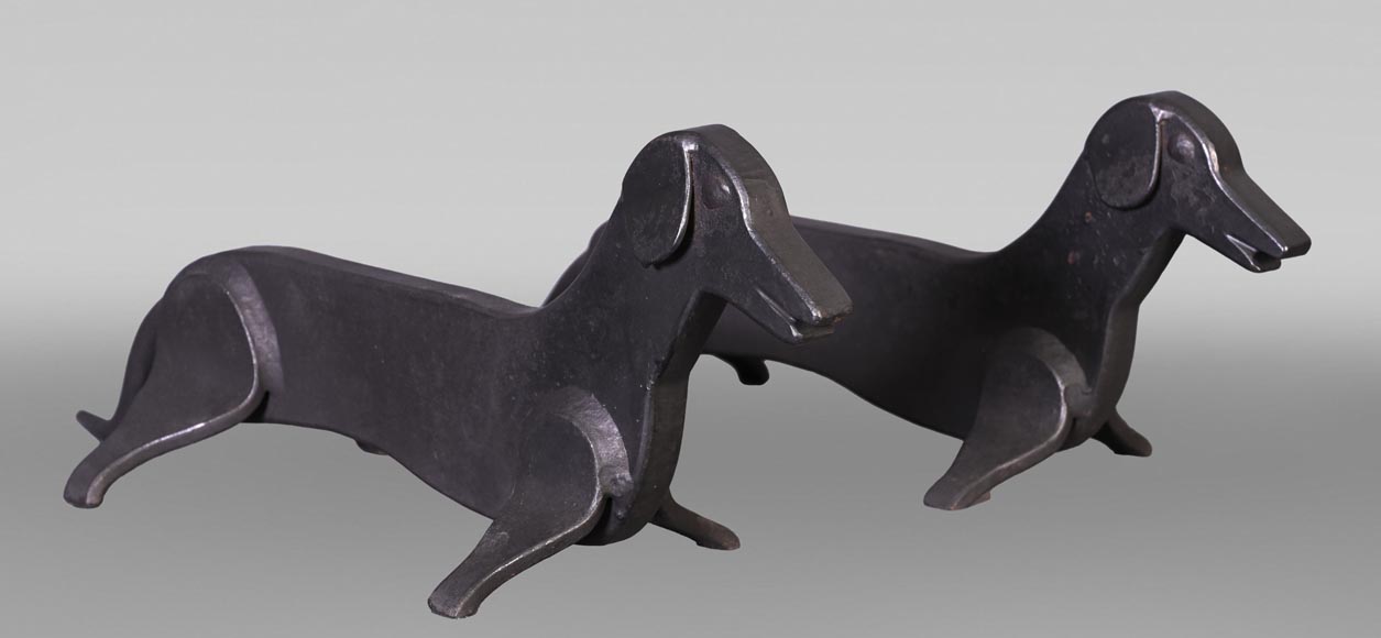 Pair of Wrought Iron Dachshund Andirons, 1950-0