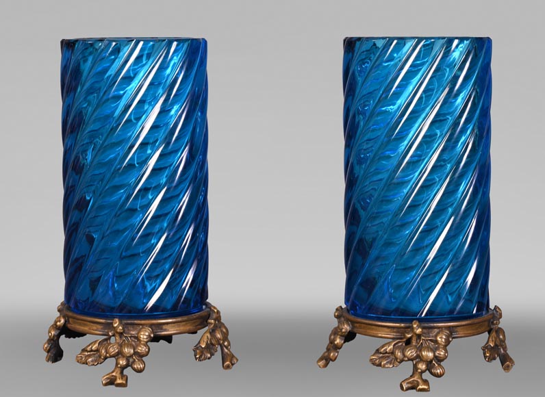 Signed Pair of Blue BACCARAT Crystal Vases with Gilt Bronze Mounts – Late 19th Century-0