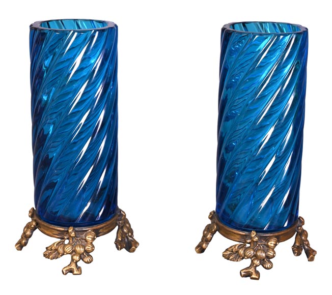 Signed Pair of Blue BACCARAT Crystal Vases with Gilt Bronze Mounts – Late 19th Century-1