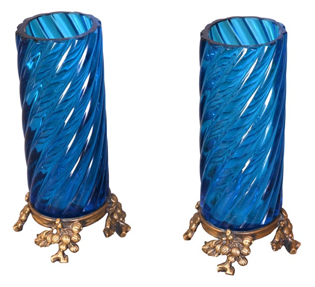 Signed Pair of Blue BACCARAT Crystal Vases with Gilt Bronze Mounts – Late 19th Century-2
