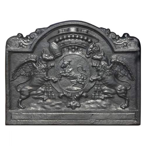 Important fireplace plaque with the coat of arms of David-Nicolas de Berthier, with a bull framed by two griffins