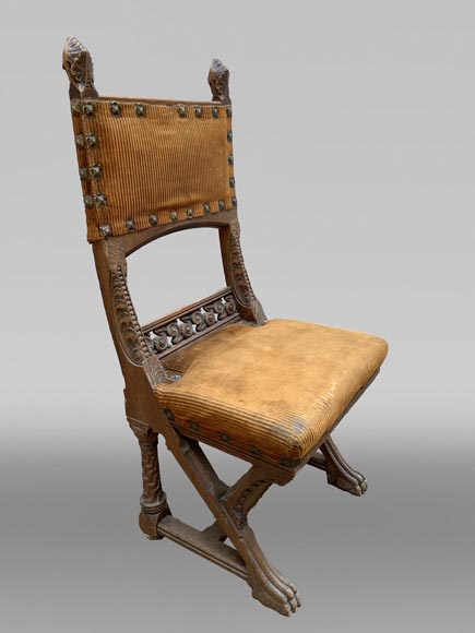 Eugène GRASSET (designer) and FULGRAFF (cabinetmaker), set of 6 carved oak chairs, Paris, 1880–1885-0