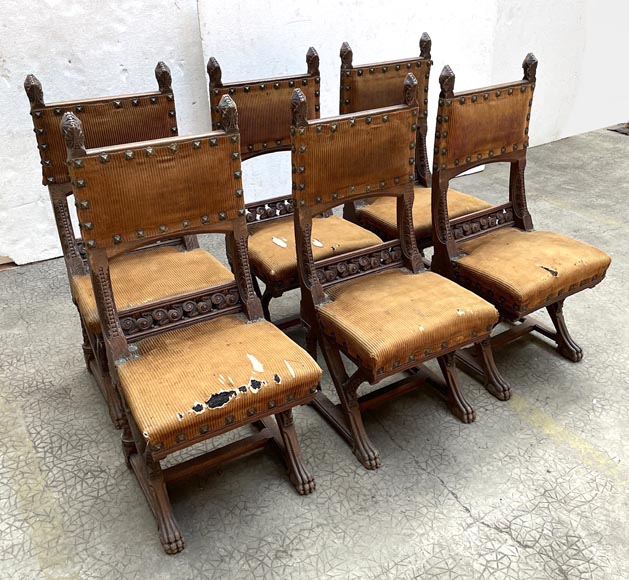 Eugène GRASSET (designer) and FULGRAFF (cabinetmaker), set of 6 carved oak chairs, Paris, 1880–1885-4