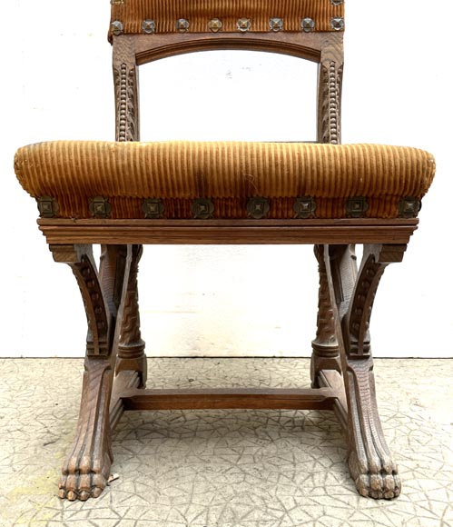 Eugène GRASSET (designer) and FULGRAFF (cabinetmaker), set of 6 carved oak chairs, Paris, 1880–1885-8