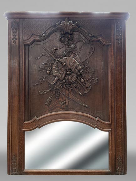 Carved and painted wooden overmantel mirror with a pastoral music trophy, in the Louis XV style, 19th century Carved and painted wooden overmantel mirror with a pastoral music trophy, in the Louis XV style, 19th century-0