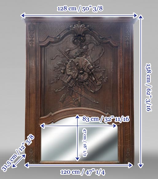 Carved and painted wooden overmantel mirror with a pastoral music trophy, in the Louis XV style, 19th century Carved and painted wooden overmantel mirror with a pastoral music trophy, in the Louis XV style, 19th century-12