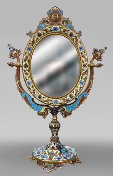Gilt Bronze and Champlevé Enamel Table Mirror, Signed 