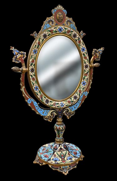 Gilt Bronze and Champlevé Enamel Table Mirror, Signed 