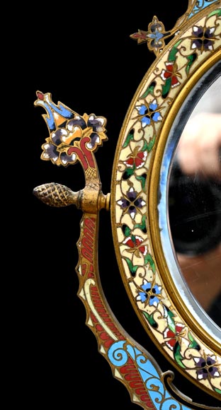 Gilt Bronze and Champlevé Enamel Table Mirror, Signed 