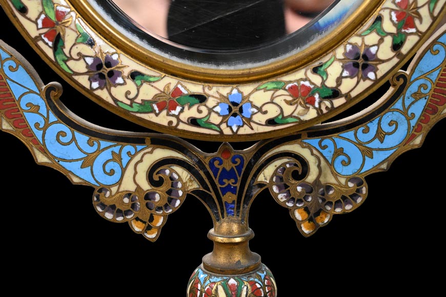 Gilt Bronze and Champlevé Enamel Table Mirror, Signed 