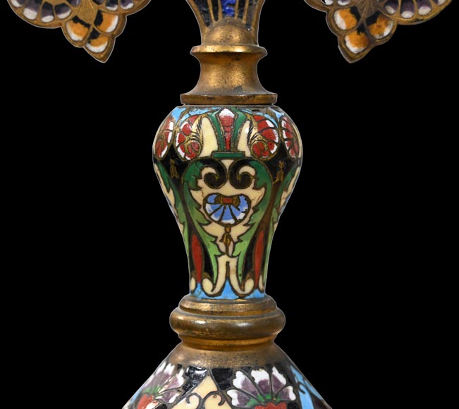 Gilt Bronze and Champlevé Enamel Table Mirror, Signed 