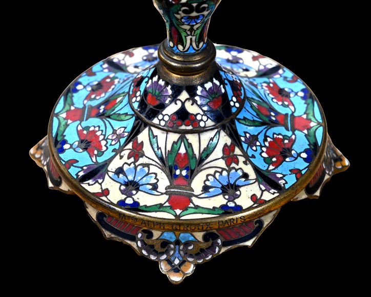 Gilt Bronze and Champlevé Enamel Table Mirror, Signed 