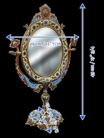 Gilt Bronze and Champlevé Enamel Table Mirror, Signed 