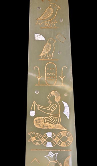 Egyptian Revival mantel garniture in black marble, green onyx, and gilt bronze-10