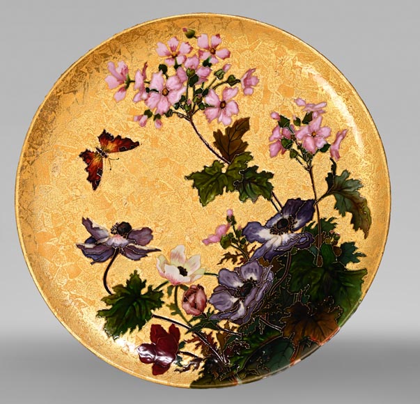 Félix Optat MILET, Large enamelled dish on a gold background, 19th century-0