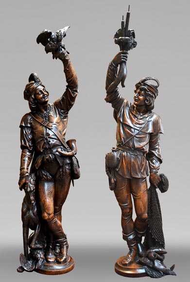 RIBAILLER and MAZAROZ, Pair of walnut statues of a hunter and a fisherman, after the 1855 Universal Exhibition-0