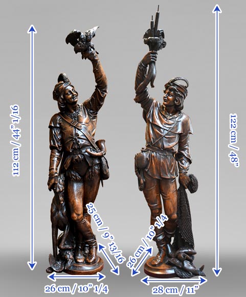 RIBAILLER and MAZAROZ, Pair of walnut statues of a hunter and a fisherman, after the 1855 Universal Exhibition-12